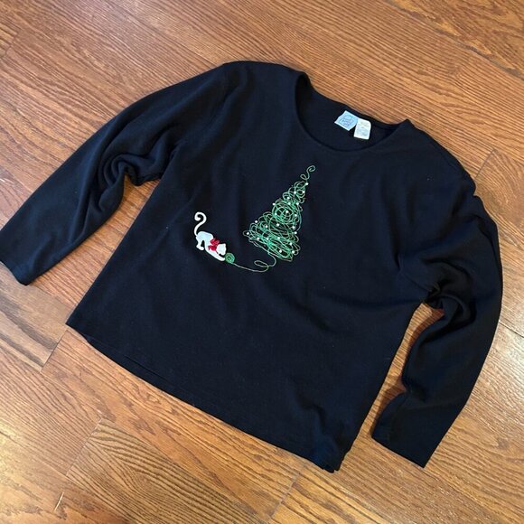 Cat Christmas Tree Beaded Embroidered Holiday Long Sleeve Tee Size 2XL XXL - Picture 9 of 10